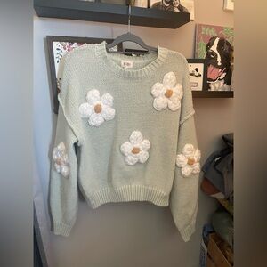 BiBi Mint Green Daisy Appliqué Crewneck Sweater